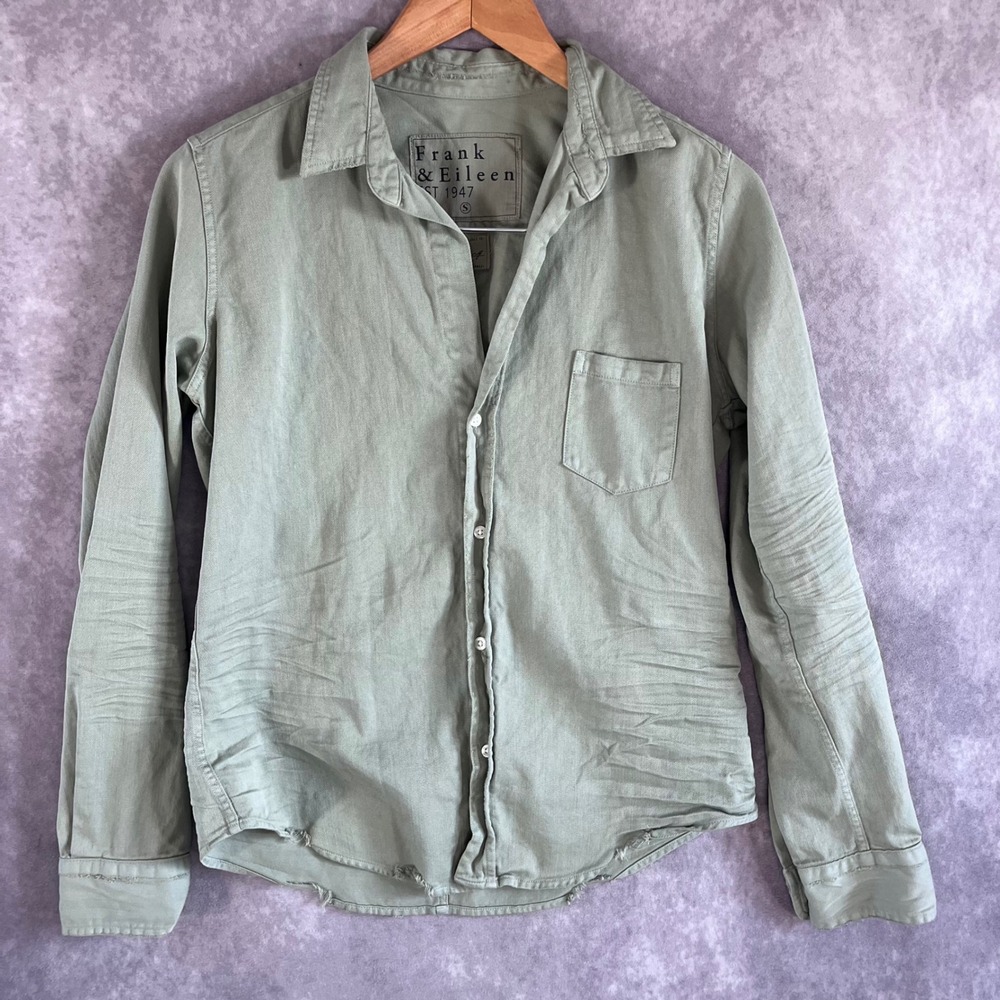 Frank & Eileen Barry Button Up Women Small Sage Green Distressed Italian Cotton